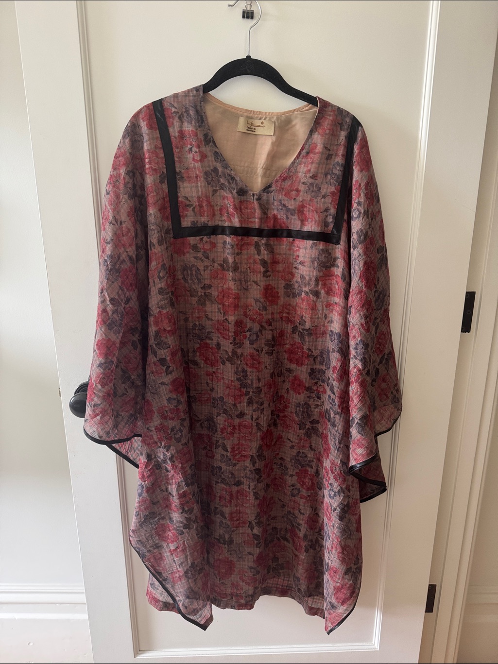 Sheer Floral Pink Shift Dress With Black Trim